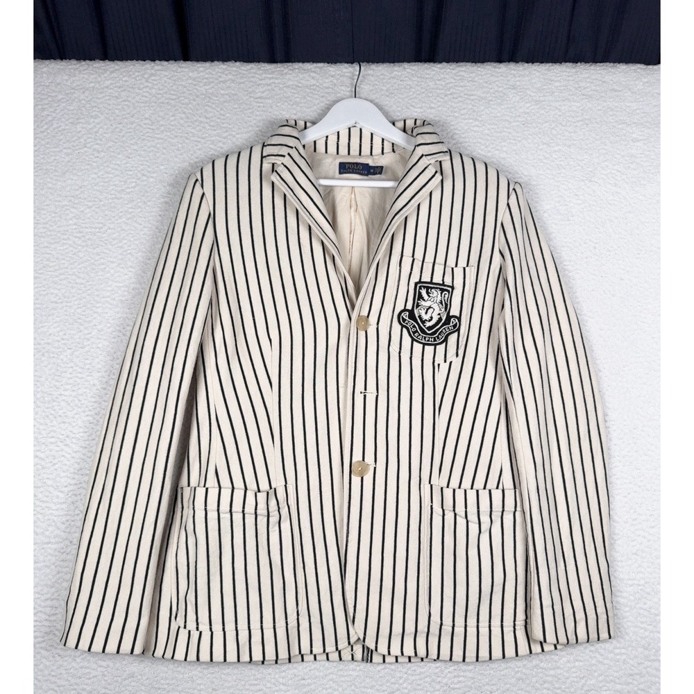 POLO RALPH LAUREN Cream Black Stripe Woven Cotton NYC Patch Blazer Women 10